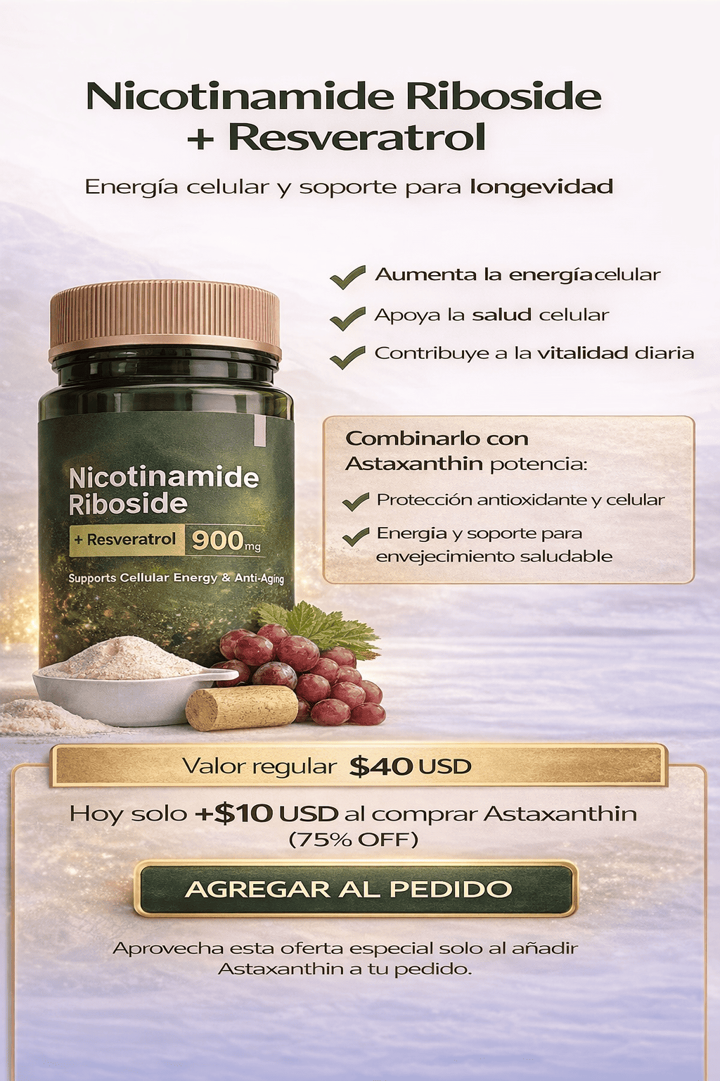 NAD+RESVERATROL CON DTO. DEL 75% POR SOLO $10 USD